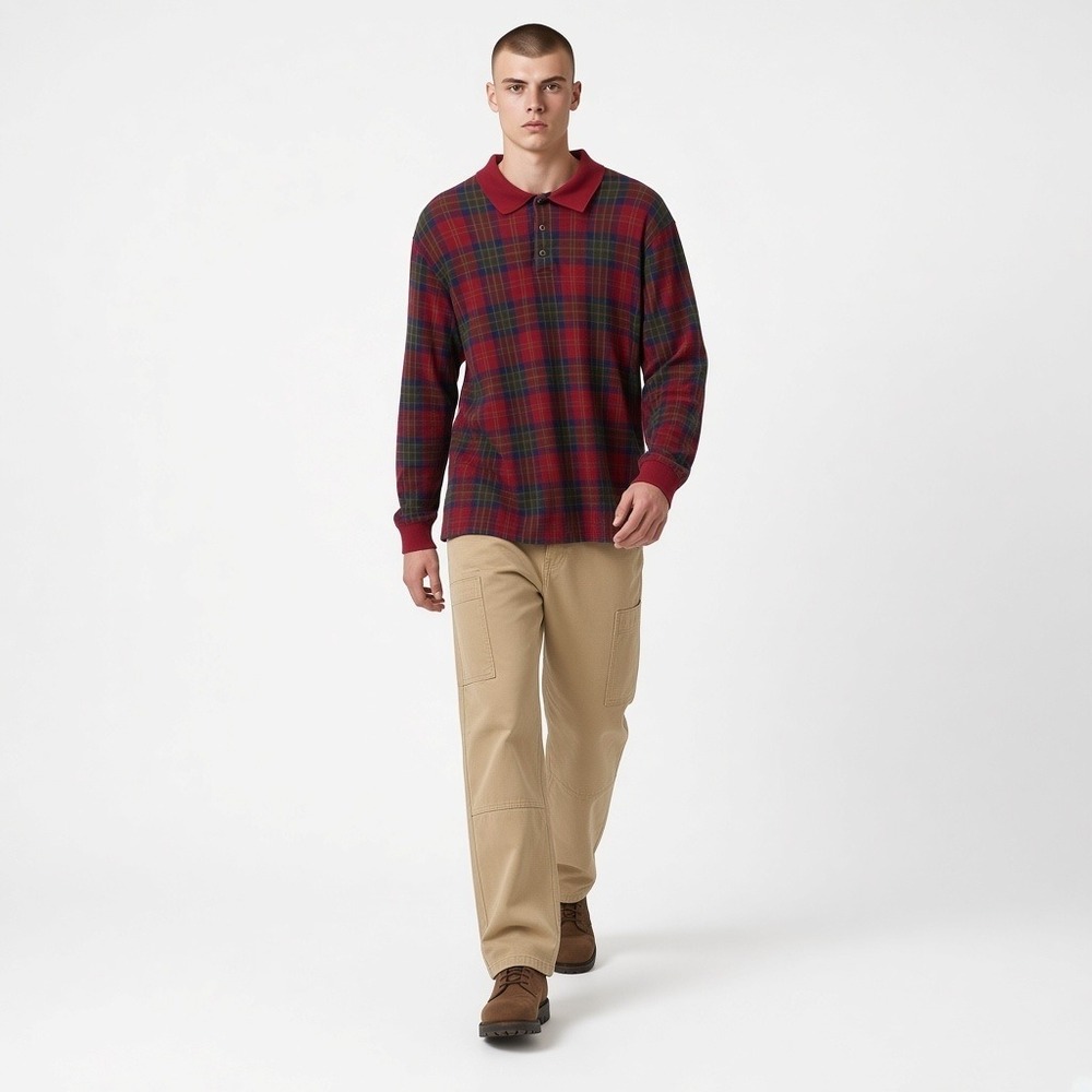 Eddie Bauer Heritage Vintage Preppy Outdoors Mens Plaid Long Sleeve Polo Shirt M